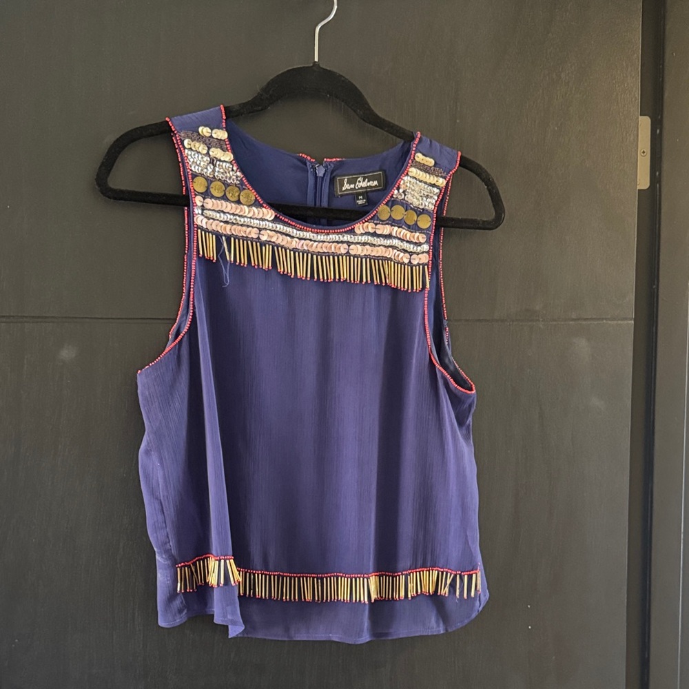 Sam Edelman Royal Blue Beaded Fringe Camisole